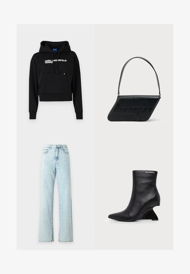 Čierna kratká mikina vyrobená z jemného materiálu, s prednou kapsou, kapucňou na sťahovanie a bielym textovým logom "KARL LAGERFELD JEANS."; Svetlomodré džínsy s širokým strihom, s rozptýleným vzorom kryštálov pozdĺž strán a s miernym obšívaním na okrajoch.; Čierna kožená členková topánka s zakriveným sochárskym podpätkom a logom Karl Lagerfeld blízko hornej hrany na bielom pozadí.; Čierna kožená taška cez rameno v trojuholníkovom tvare, s vyrazeným logom a jedným nastaviteľným pásikom. Minimalistický dizajn s hladkou textúrou.