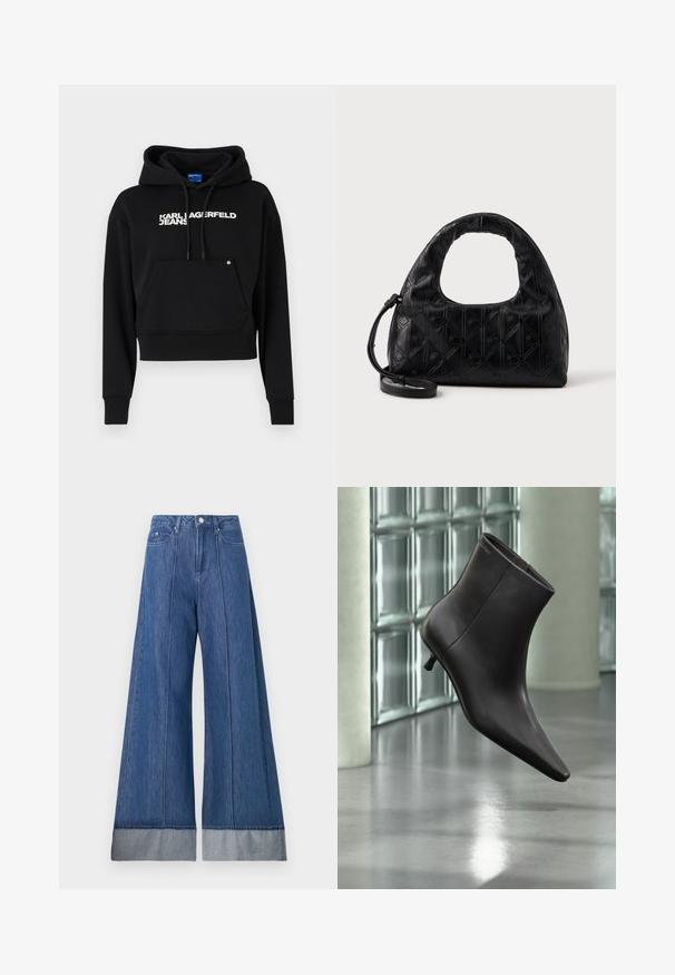 Čierna kratká mikina vyrobená z jemného materiálu, s prednou kapsou, kapucňou na sťahovanie a bielym textovým logom "KARL LAGERFELD JEANS."; Džínsy so širokými nohavicami v stredne modrom denime, so zvýšeným pásom, dvoma prednými vreckami a kontrastným svetlejším denimovým lemovaním na spodnej časti.; Čierna kožená členková obuv s ostrou špičkou a nízkym podpätkom, zobrazená na pozadí steny zo sklenených blokov a leštenej podlahy.; Čierna kožená kabelka s zakrivenou hornou rukoväťou, jemným diamantovým vzorom a odnímateľným popruhom. Povrch je hladký s embosovanými detailmi.