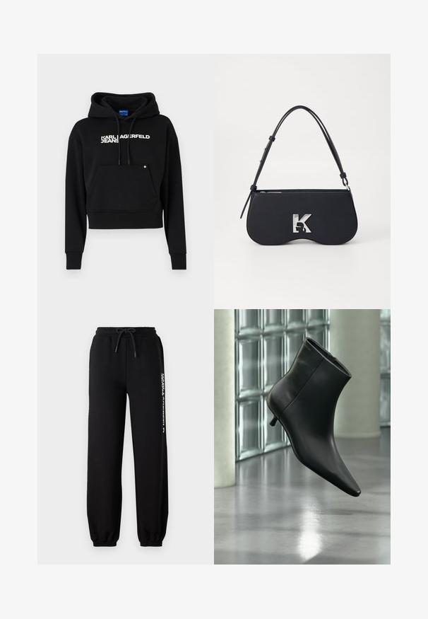 Sudadera negra cortada hecha de un tejido suave, con un bolsillo frontal, capucha con cordón y el logo en texto blanco "KARL LAGERFELD JEANS."; Pantalones de chándal negros con cinturilla elástica, cordón ajustable y puños ceñidos. Presenta un logo blanco impreso en el lado izquierdo.; Botín negro de cuero con punta puntiaguda y tacón bajo estilo kitten, mostrado en ángulo sobre un suelo pulido y con una pared de bloques de vidrio de fondo.; Bolso negro con forma curva, material texturizado, logotipo plateado y una correa delgada. Cierre superior con cremallera y características de diseño minimalista.