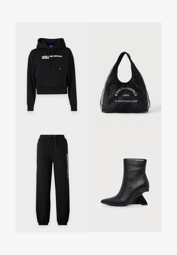 Hoodie noir court en tissu doux, doté d'une poche avant, d'une capuche avec cordon et d'un logo texte blanc "KARL LAGERFELD JEANS."; Pantalons de survêtement noirs avec une taille élastique, un cordon de serrage ajustable et des poignets fuselés. Présente un logo blanc imprimé sur le côté gauche.; Bottine en cuir noir avec talon sculpté incurvé et logo Karl Lagerfeld près du bord supérieur sur fond blanc.; Sac tote réutilisable noir avec côtés transparents, avec texte blanc « Karl Lagerfeld Paris 21 Rue St-Guillaume » sur le devant.
