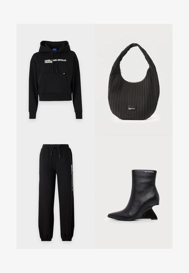 Sort cropped hoodie lavet af blød stof, med en fronlomme, snor i hætten og hvid tekstlogo "KARL LAGERFELD JEANS."; Sorte sweatpants med elastisk talje, justerbar snor og tætsiddende manchetter. Har et hvidt logo trykt på venstre side.; Sort læderankelstøvle med buet skulptureret hæl og Karl Lagerfeld-logo nær den øverste kant på hvid baggrund.; Sort skuldertaske i plisseret stof med lynlåslukning og rektangulært Karl Lagerfeld Jeans logo-patch foran.
