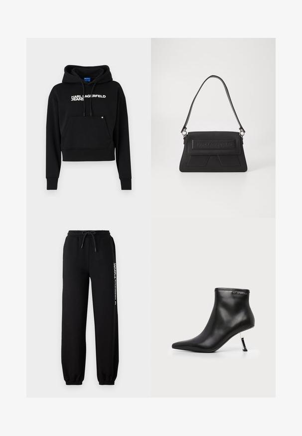 Sort cropped hoodie lavet af blød stof, med en fronlomme, snor i hætten og hvid tekstlogo "KARL LAGERFELD JEANS."; Sorte sweatpants med elastisk talje, justerbar snor og tætsiddende manchetter. Har et hvidt logo trykt på venstre side.; Sort læder ankelstøvle med spids tå og en blank sølv stilethæle på en hvid baggrund.; Sort håndtaske med en tekstureret overflade, en fold-over klap med præget logo og en slank skulderrem. Rektangulær form med vinklede accenter.