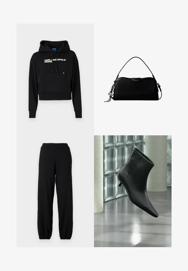 Must rõngas kapuuts, mis on valmistatud pehmest kangast, esiküljel tasku, nööriga kapuuts ja valge tekstilogo "KARL LAGERFELD JEANS."; Mustad mustmed elastaaniga puuvillasegusest kangast, millel on elastne vöökoht ja kummist pahkluude osa. Üksik logodetail külgedel.; Mustast nahast pahkluu saabas terava varbaotsaga ja madala Kitsuki kontsaga, kuvatud nurga alt läikiva põranda ja klaasplokkseinaga taustal.; Must ristkülikukujuline Calvin Kleini käekott, millel on üks ülemine rihm, hõbedane logo ripats ja ees väike klapiga sulgur.