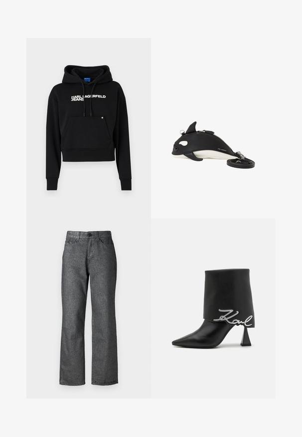 Čierna kratká mikina vyrobená z jemného materiálu, s prednou kapsou, kapucňou na sťahovanie a bielym textovým logom "KARL LAGERFELD JEANS."; Sivé džíny z denimu s jemným leskom, priamy strih, päť vreciek, zapínanie na gombík a viditeľné švy.; Čierna kožená členková čižma s špicatou špičkou, vysokým hrubým podpätkom a preloženým vrchom s detailom strieborného loga "Zaul".; Čierno-biela taška cez rameno v tvare kosatky so zipsovým uzáverom, malými plutvovitými detailmi a odnímateľným popruhom stočeným vedľa nej.