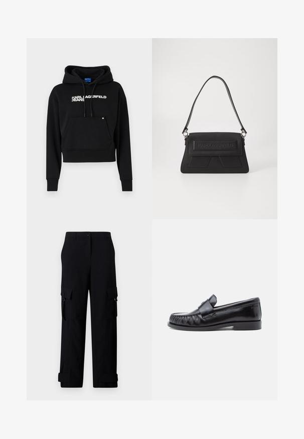 Must rõngas kapuuts, mis on valmistatud pehmest kangast, esiküljel tasku, nööriga kapuuts ja valge tekstilogo "KARL LAGERFELD JEANS."; Mustad mustad püksid laia jalgadega, millel on kaks külgtaskut ja keeratud sääreotsad. Valmistatud vastupidavast kangast, millel on sile tekstuur.; Mustad nahast loafers musta värvi, ümarate varvastega, eristuva õmblusega ja dekoratiivse rihmaga vampi üle. Sile viimistlus ja madal konts.; Mustmustik käekott, millel on tekstuuriline pind, volditav kaan, millel on reljeefne logo, ja peen õlavarre rihm. Ruudukujuline kuju teravate aktsentidega.