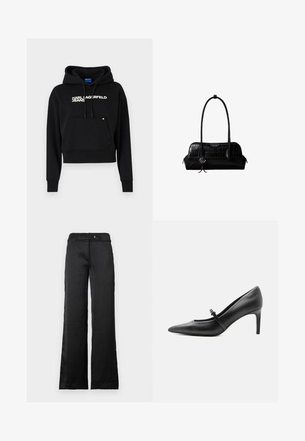 Μαύρο cropped hoodie φτιαγμένο από μαλακό ύφασμα, με μπροστινή τσέπη, κουκούλα με κορδόνι και λευκό λογότυπο "KARL LAGERFELD JEANS".; Μαύρο παντελόνι σε άνετη γραμμή με λεία υφή, διαθέτει ελαστική μέση και κλείσιμο με κουμπί. Απλός σχεδιασμός, κατάλληλο για διάφορες περιστάσεις.; Μαύρη δερμάτινη γόβα με μυτερή μύτη, λεπτό λουράκι και αγκράφα πάνω από τον κουντεπιέ, που στέκεται σε ουδέτερο ανοιχτό φόντο.; Μαύρη δερμάτινη τσάντα ώμου με υφή κροκοδείλου, μακριά λουριά και μικρό ασημένιο λογότυπο σε ένα από τα λουριά.
