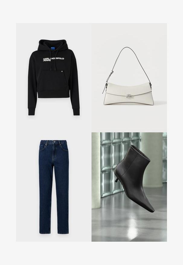Μαύρο cropped hoodie φτιαγμένο από μαλακό ύφασμα, με μπροστινή τσέπη, κουκούλα με κορδόνι και λευκό λογότυπο "KARL LAGERFELD JEANS".; Σκούρες μπλε τζιν παντελόνες με ίσια γραμμή, με ζώνη που διαθέτει ελαστικό τμήμα, μπροστινές τσέπες και ελάχιστες λεπτομέρειες ραφής.; Μαύρο δερμάτινο μποτάκι με μυτερή μύτη και μικρό τακούνι, παρουσιάζεται μπροστά σε τοίχο από γυάλινα τετράγωνα και γυαλισμένο δάπεδο.; Λευκή δερμάτινη τσάντα ώμου με καμπύλο καπάκι, μαύρο περίγραμμα, ρυθμιζόμενο λουρί και ασημένιο διακοσμητικό κούμπωμα σε μονόχρωμο φόντο.