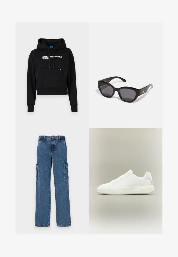 Μαύρο cropped hoodie φτιαγμένο από μαλακό ύφασμα, με μπροστινή τσέπη, κουκούλα με κορδόνι και λευκό λογότυπο "KARL LAGERFELD JEANS".; Μπλε τζιν cargo παντελόνι με χαλαρή εφαρμογή, που διαθέτει δύο πλαϊνές τσέπες, ενισχυμένη ραφή και σχέδιο ίσιας ποδός.; Χαμηλού προφίλ αθλητικό παπούτσι όλο λευκό με κορδόνια, παχιά σόλα και επενδυμένη φτέρνα, εμφανιζόμενο σε φωτεινό ουδέτερο φόντο.; Μαύρα γυαλιά ηλίου με κομψό, γωνιακό σχέδιο, σκούρους φακούς και αντίθετο ασημί λογότυπο στο πλάι. Λείος πλαστικός υφή.