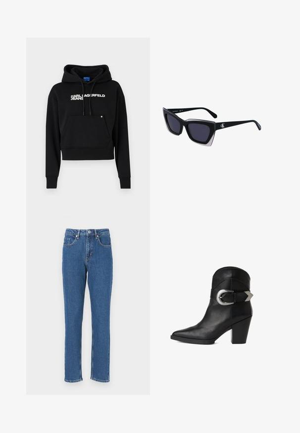 Čierna kratká mikina vyrobená z jemného materiálu, s prednou kapsou, kapucňou na sťahovanie a bielym textovým logom "KARL LAGERFELD JEANS."; Modré džínsy s rovnými nohavicami, s vysokým pásom, prednými vreckami a viditeľným šitím pozdĺž švov.; Čierne kožené členkové topánky s špicatou špičkou, masívnym podpätkom a širokým remienkom so zaoblenou striebornou sponou na boku. Hladká textúra.; Čierne oversized slnečné okuliare s geometrickým tvarom, s tmavými šošovkami a kontrastným šedým detailom na ráme. Logo na mostíku.