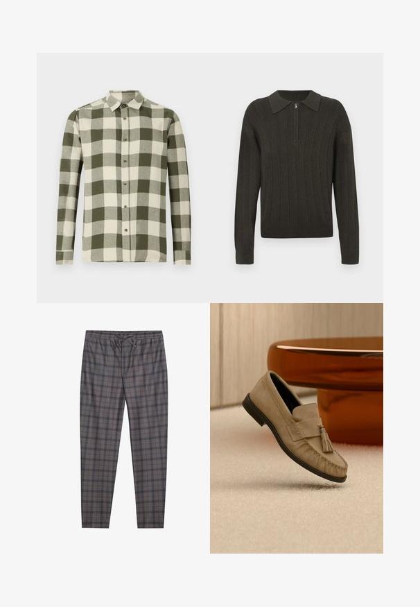 Donkergroen gebreid trui met verticale ribbels, lange mouwen, polo kraag en een halve rits aan de voorkant.; Lange mouwen shirt in een groen en crème checkpatroon, gemaakt van lichte stof, met een button-down kraag en knopen aan de voorkant.; Grijze geruite broek met een elastische tailleband en trekkoord. Het materiaal lijkt zacht, met een subtiele textuur en contrasterende zwarte lijnen in het patroon.; Lichtbruine suède loafer met kwastdetail, zwarte zool, geplaatst op een beige tapijt nabij een glanzende bruine ronde tafelpoot.