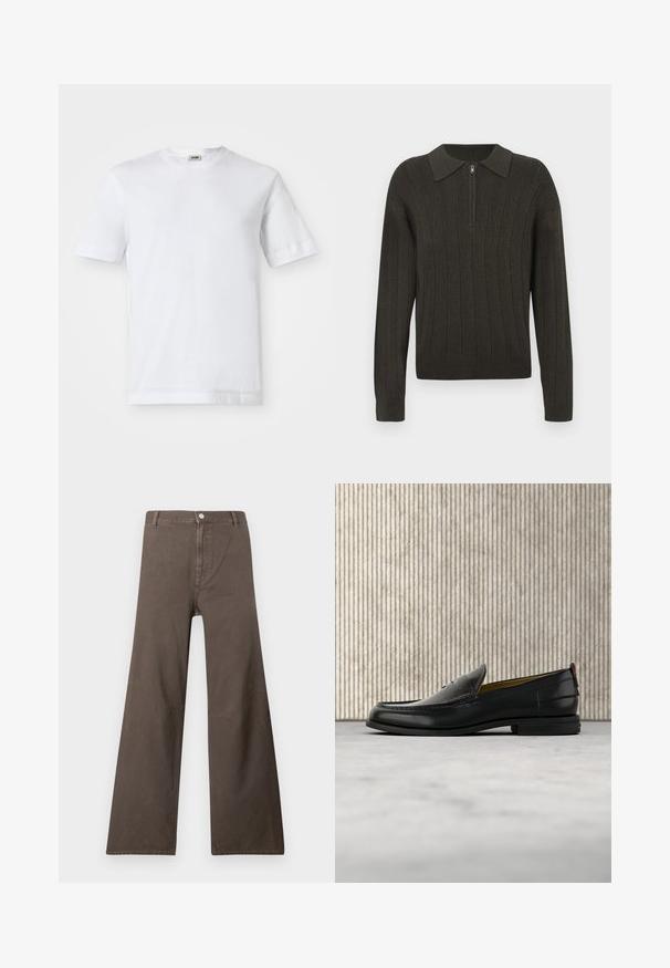 Suéter de punto verde oscuro con patrón de nervios verticales, mangas largas, cuello tipo polo y cierre de media cremallera en el frente.; Camiseta de algodón blanca con mangas cortas, escote redondo y una textura suave. No se observan patrones ni detalles.; Pantalones de pierna ancha marrones con cintura alta, cierre de botón, asegurar cinturón y detalles de costura visibles en las piernas.; Mocasín de cuero negro para hombre con empeine grabado en relieve de cocodrilo y tacón bajo, mostrado de perfil sobre un fondo neutro.