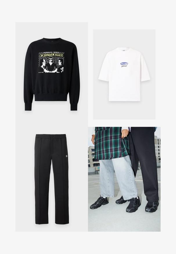 Sudadera negra de manga larga con puños acanalados. El gráfico frontal presenta tres figuras en un diseño retro con acentos en texto amarillo y blanco.; Camiseta blanca de manga corta con logo ovalado azul y texto negro "bareen MM XVI" centrado en el pecho, fondo liso.; Pantalones negros de tela suave, con cierre de botón, bolsillos laterales y un pequeño logotipo en la parte frontal. Diseño de pierna recta.; Zapatillas deportivas negras con acentos de malla y goma. Combinadas con jeans de pierna ancha de color gris claro y una blusa de cuadros verdes. Fondo de superficie plana.