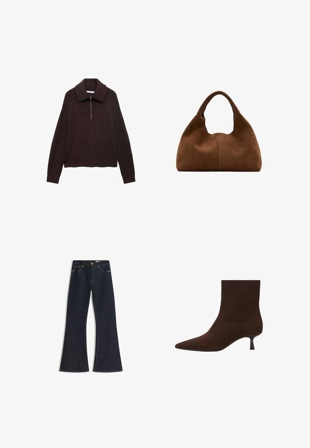 Pull en tricot marron avec un large col, fermeture à demi-zip à l'avant et épaules tombantes. Présente une texture côtelée et une longueur crop.; Jean évasé en denim foncé avec une taille haute, des coutures contrastantes, une fermeture à bouton et quatre poches. Les jambes s'élargissent à l'ourlet.; Bottine en daim marron avec un bout pointu et un petit talon fin. Surface lisse, design sans coutures, silhouette discrète.; Sac hobo en daim marron avec une anse large et arrondie et une forme souple et décontractée sur un fond blanc.