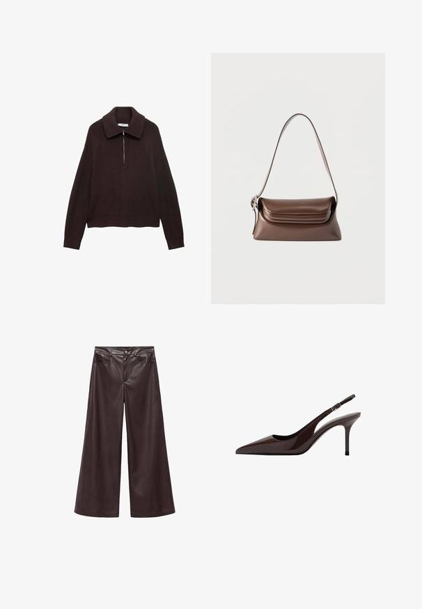 Brun striktrøje med bred krave, halv lynlås foran og sænkede skuldre. Har en ribbet tekstur og cropped længde.; Brune faux læder wide-leg bukser med høj talje, der har forlommer og klassisk knaplukning. Glat tekstur og mat finish.; Brune patenteret læder slingback hæle med spids tå, slank hæl og justerbar spænde-rem. Glat tekstur og skinnende finish.; Brun skuldertaske i læder med en sølvspænde på remmen og en fold-over klaplås, vist mod en hvid baggrund.