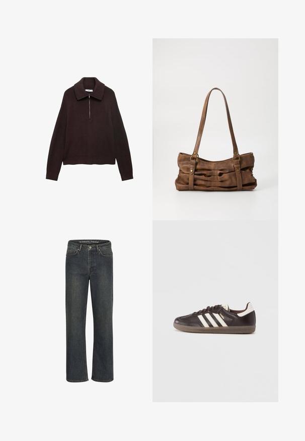Bruine gebreide trui met een brede kraag, halve rits aan de voorkant en verlaagde schouders. Heeft een geribbelde textuur en een verkorte lengte.; Donkerblauwe recht-been jeans van denim stof, met een middelhoge taille, vijf zakken en subtiele stiksels langs de naden.; Donkerbruine leren sneakers met een wit drie-strepen ontwerp, een rubberen zool en "Samba" in gouden letters aan de zijkant. Klassieke lage schoenvorm.; Even&Odd Handtas - brown