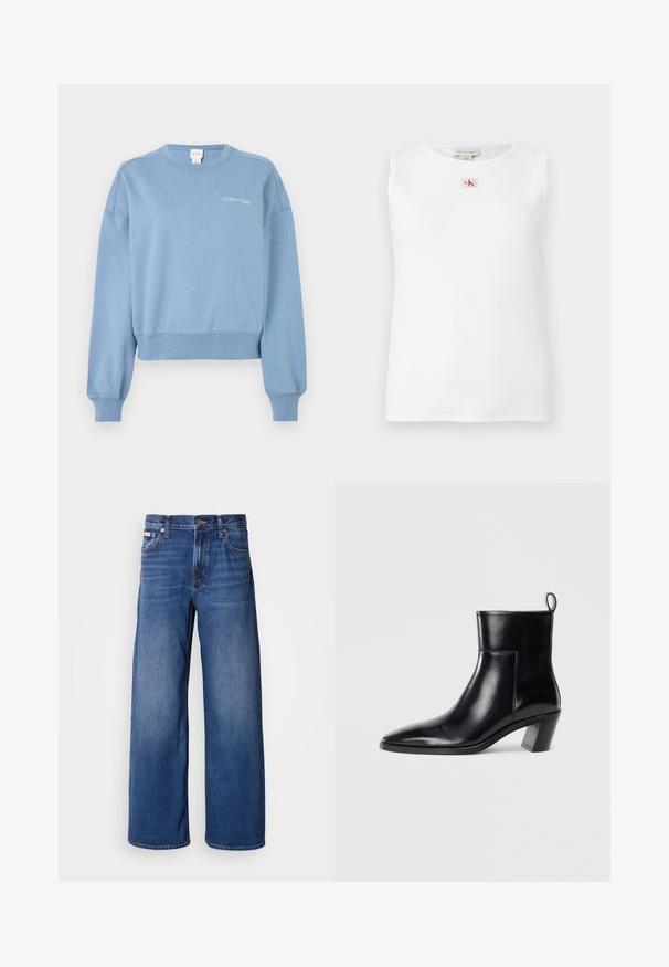 Blå bomulds sweatshirt med rund hals og lange ærmer. Har et Calvin Klein-logo i hvidt på brystet. Ribkant ved ærmerne og i bunden.; Hvid ærmeløs top med ribstruktur og et lille rødt og sort Calvin Klein-logo centreret under halsudskæringen.; Bredde denim jeans i mørkeblå med høj talje, fem lommer og subtil falmning langs fronten for ekstra tekstur og detaljer.; Sort læder ankelstøvle med spids tå, geometrisk stablet hæl og en løftestrop bagpå. Glat tekstur og slankt design.