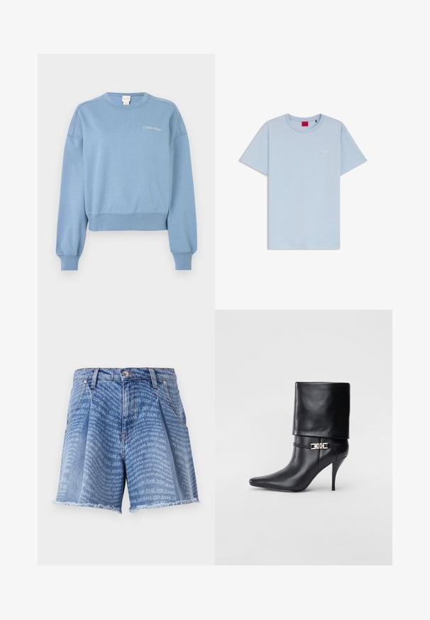 Sininen puuvillapaita, jossa on pyöreä kaula-aukko ja pitkät hihat. Rinnassa valkoinen Calvin Klein -logo. Resorit hihansuissa ja helmassa.; Vaaleansininen lyhythihainen T-paita, jossa on pyöreä pääntie ja pieni valkoinen "Hugo"-tekstilogo vasemmassa rinnassa.; Vaaleansiniset farkkushortsit, joissa on haalistunut pesu ja toistuva "JOOP! JEANS" -painatus. Reunassa on ratkottu helma, joka lisää tekstuuria.; Musta nahkasaapas nilkkapituudella, teräväkärkinen, korkea stiletto-korko, käännettävä varsi ja kultainen koristeellinen solki nilkassa.