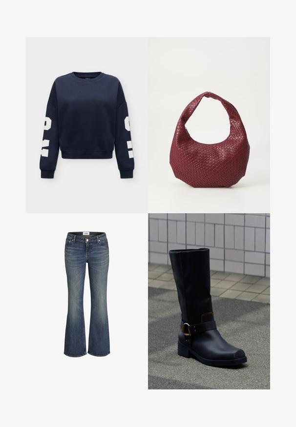 Marineblaues cropped Sweatshirt mit langen Ärmeln und auffälligen weißen geometrischen Formen an beiden Armen, auf einem einfarbigen Hintergrund gezeigt.; Blaue, verwaschene Schlagjeans mit Vorderknopf, fünf Taschen und sichtbarem Markenschild am Bund.; Schwarzer Lederstiefel bis zur Mitte der Wade mit niedrigem Absatz und dekorativem Riemen mit Metallschnalle, stehend auf einer grau gepflasterten Oberfläche nahe einer gefliesten Wand.; Geflochtener burgunderfarbener Handtasche mit einer runden Silhouette, einem einzelnen Griff und einer strukturierten Oberfläche. Reißverschluss oben.