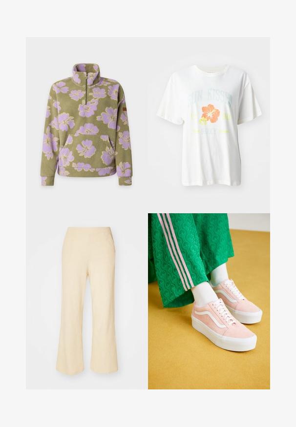 Pull polaire vert olive avec motif floral lavande, col avec fermeture éclair au quart, et poche kangourou devant.; T-shirt en coton blanc avec un imprimé graphique de fleurs tropicales en orange et jaune, et le texte "SUN KISSED 1990 Roxy."; Pantalons large en beige clair avec un tissu texturé, dotés d'une taille élastique et de deux poches latérales.; Baskets en daim rose avec des accents blancs et des semelles blanches épaisses, associées à un pantalon vert à motifs avec des bandes latérales roses.
