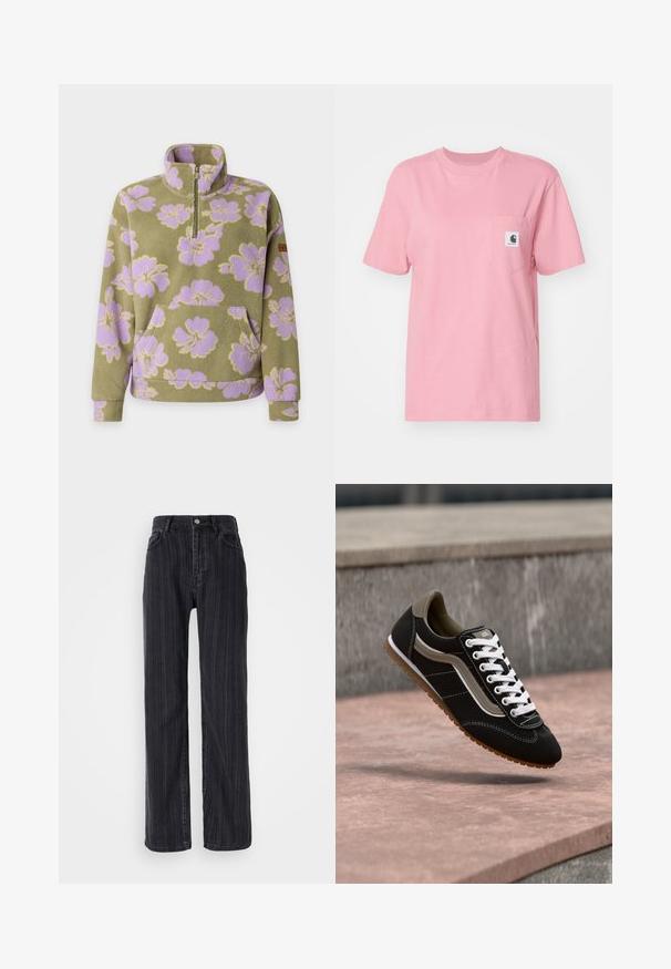 Olivengrøn fleece-pullover med lavendelblomstermønster, kvart-lynlås krave og front kengurulomme.; Carhartt WIP POCKET - T-shirts basic - dusty rose; Højtaljede sorte denimjeans med lodrette striber, lige ben og metalknaplukning fortil.; Sort og beige sneaker med hvide snørebånd og gummisål, svævende over en stensurface og grå betonbaggrund.