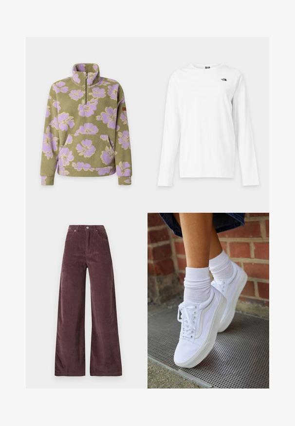 Pull polaire vert olive avec motif floral lavande, col avec fermeture éclair au quart, et poche kangourou devant.; T-shirt blanc à manches longues avec col rond et petit logo noir The North Face sur le côté gauche de la poitrine.; Pantalons large à taille haute en velours côtelé mauve foncé, dotés de poches avant et d'une fermeture par bouton.; Baskets en toile blanches avec semelles en caoutchouc, dotées de six œillets, d'un bout rond et de détails de couture légers, portées avec des chaussettes blanches mi-mollet.