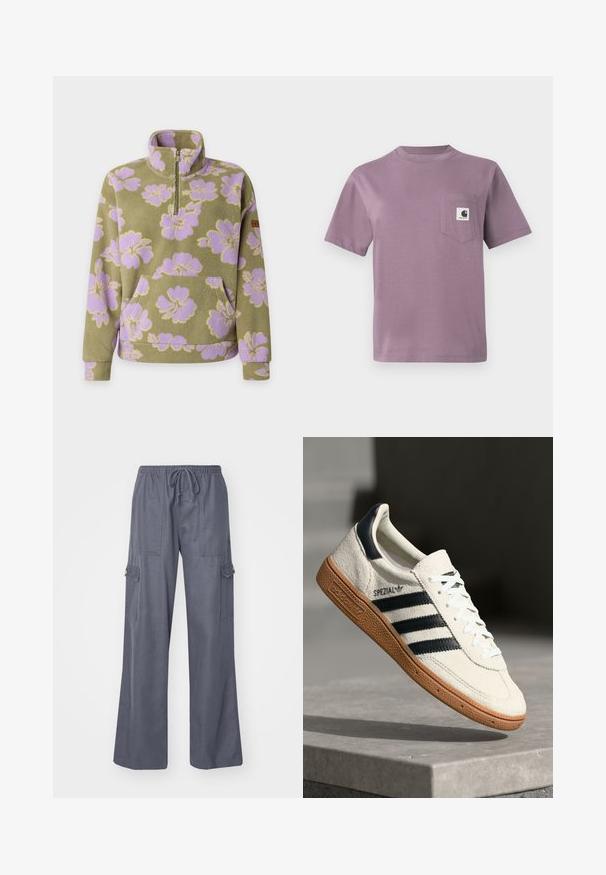 Sudadera de forro polar verde oliva con estampado floral de lavanda, cuello con cremallera hasta un cuarto y bolsillo canguro delantero.; Camiseta de algodón lila con cuello redondo, mangas cortas y un bolsillo en el pecho izquierdo que presenta una etiqueta con logo. Textura suave, corte casual.; Pantalones cargo grises con cintura ajustable, piernas anchas y dos bolsillos laterales. Hechos de una tela suave y ligera.; Zapatilla de ante blanca con franjas en azul marino, suela de goma, parte superior texturizada, puntera redonda y cordones; presenta una marca en el lateral y en la lengüeta.