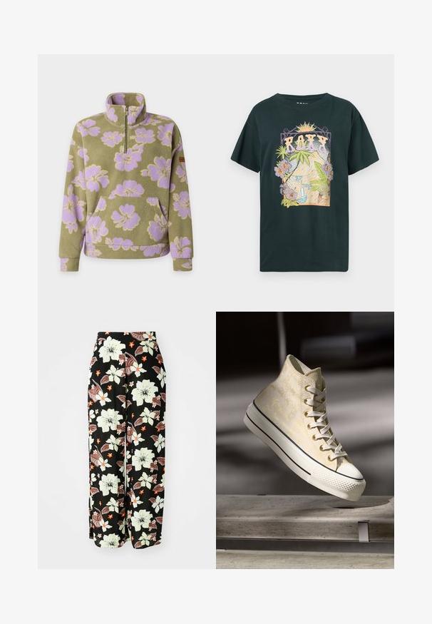 Sudadera de forro polar verde oliva con estampado floral de lavanda, cuello con cremallera hasta un cuarto y bolsillo canguro delantero.; Camiseta negra de algodón con un gráfico colorido de montañas, una cascada y flores tropicales con el texto "ROXY" en letras negritas.; Pantalones negros con flores grandes en blanco, naranja y marrón, con un diseño suelto de pierna ancha y una tela suave y ligera.; Zapatillas altas con una parte superior texturizada de color amarillo claro, puntera de goma blanca y rayas negras contrastantes en la suela blanca. Diseño con cordones.