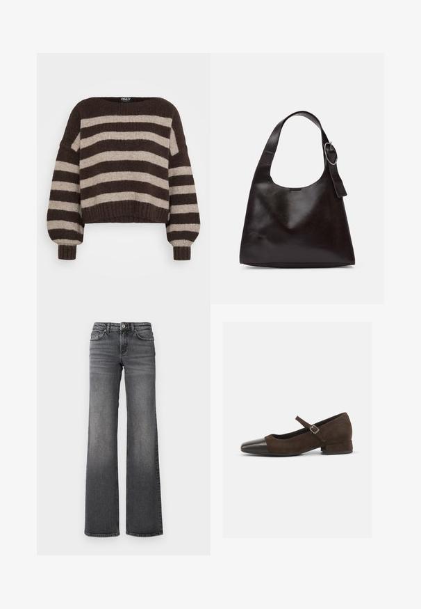 Pull en tricot rayé large horizontal marron et beige avec de longues manches ballon et finitions côtelées aux poignets et à l'ourlet.; Jean en denim gris foncé à jambe droite avec une légère décoloration sur les cuisses et un design standard à cinq poches sur fond blanc.; Chaussure Mary Jane en daim marron avec un embout en cuir verni noir, bride ajustable et un petit talon carré. Texture lisse avec de minimalistes accents.; Sac en cuir marron porté épaule avec une texture lisse, une forme arrondie, une large sangle et un accent métallique circulaire sur la poignée.