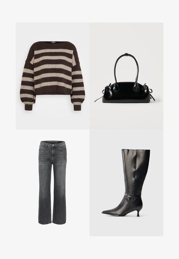 Braun und beige gestreifter, breiter, horizontaler Strickpullover mit langen Ballonärmeln sowie gerippten Bündchen und Saum.; Weite Jeans aus dunkelgrauem Denim mit klassischem Fünf-Taschen-Design, genähten Details und einem Knopfverschluss an der Taille.; Schwarzer kniehoher Lederstiefel mit spitzer Zehenpartie und niedrigem Kittenabsatz, präsentiert vor einem schlichten hellen Hintergrund.; Kleine schwarze glänzende Handtasche mit zwei langen Griffen und seitlichen Kordelzug-Details vor einfachem hellem Hintergrund.