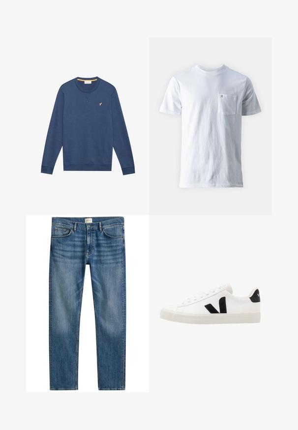 Donkerblauwe sweatshirt met lange mouwen en ronde hals, voorzien van een klein geel vogellogo op de linkerborst, en ribgebreide manchetten en onderkant.; Witte katoenen t-shirt met een ronde hals, korte mouwen en een zak op de linkerkant van de borst, met een klein logo op de zak. Gladde textuur.; Blauwe jeans van denim met een rechte snit, voorzien van vijf zakken, een knoopsluiting en een lichte vervaging over de stof voor textuur.; Witte leren sneaker met zwarte suède accenten; voorzien van een rubberen zool, ronde neus en een klassieke vetersluiting. Zijkant met logo in het zwart.