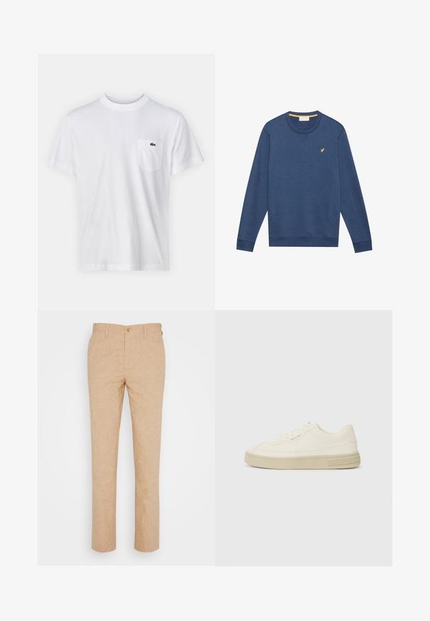 Langarm-Navyblaues Sweatshirt mit Rundhalsausschnitt und kleinem gelben Vogel-Logo auf der linken Brust sowie gerippten Bündchen und Saum.; Weißes Baumwoll-T-Shirt mit Rundhalsausschnitt und kurzen Ärmeln. Verfügt über eine linke Brusttasche und ein kleines grünes Lacoste-Logo.; Beige Leinenhose mit strukturierter Oberfläche, geradem Bein, Reißverschluss und einem einzelnen goldenen Knopf am vorderen Bund.; Weiße Leinen-Sneaker mit einer strukturierten Gummisohle, die eine gestickte Zehenkappe und ein Logo-Detail an der Ferse aufweisen. Einfaches Schnürdesign.