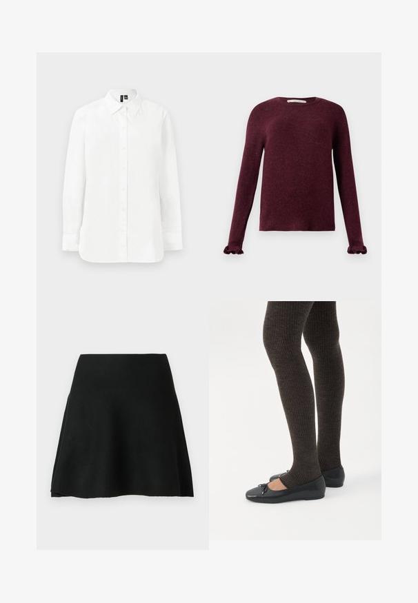 Suéter de punto burdeos de manga larga con puños con volantes y cuello redondo sobre un fondo liso.; Camisa blanca de manga larga con botones, cuello puntiagudo, puños estándar y dobladillo recto sobre un fondo claro y liso.; Falda skater negra hecha de tela suave, diseño acampanado con una textura lisa, cuenta con una cintura alta y un corte por encima de la rodilla.; Piernas con leggings oscuros acanalados combinados con bailarinas negras que presentan pequeños detalles de lazo sobre un fondo blanco.