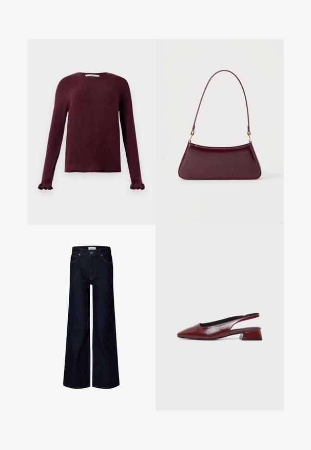Burgunderroter Strickpullover mit langen Ärmeln, Rüschensaum und rundem Halsauschnitt auf einem einfarbigen Hintergrund.; Dunkelblaue Denim-Jeans mit weitem Bein, vorne mit Knopf und Reißverschluss, Gürtelschlaufen und vorderen Taschen, auf weißem Hintergrund dargestellt.; Dunkelroter Lederslingback-Schuh mit spitzer Zehenpartie und niedrigem Blockabsatz, seitlich auf hellem Hintergrund gezeigt.; Dunkelburgunderfarbene, glänzende Handtasche mit einem einzigen dünnen Griff und einer schlanken, trapezförmigen Form auf einem schlichten hellen Hintergrund.