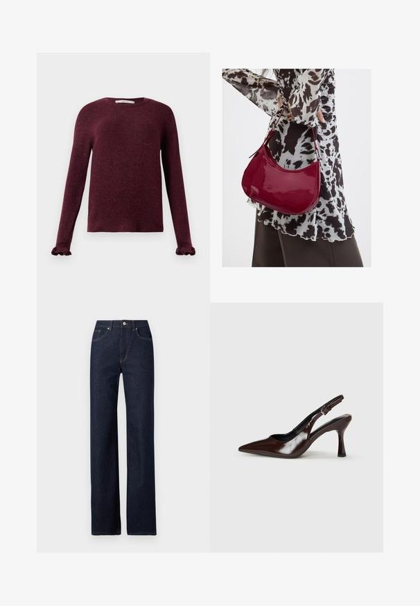 Bordeaux kleurige trui met lange mouwen, geribbelde manchetten en een ronde halslijn op een effen achtergrond.; Donkerblauwe denim jeans met een rechte pijp, klassieke vijf-pocketstijl, zichtbare stiksels en een knoopsluiting aan de voorkant.; Bruine gepatineerde leren slingback pumps met een spitse neus, een dunne hak en een verstelbaar bandje met een kleine gesp.; Vrouw met een zwart-wit gebloemde blouse houdt een glanzende rode schoudertas vast tegen een effen achtergrond.