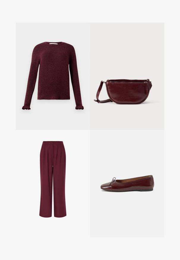 Bordeaux kleurige trui met lange mouwen, geribbelde manchetten en een ronde halslijn op een effen achtergrond.; Wijd-uitlopende broek in bordeauxrode stof, met voorplooien en een elastische tailleband. Gladde textuur, full-length ontwerp.; Bordeaux gepatenteerd lederen ballerina met een ronde neus, een klein strikaccent aan de voorkant en een lage, zwarte rubberen zool. Glad textuur.; Dieprode lederen handtas met een halve-maansvorm, een ritssluiting en een afneembare riem. Gladde textuur met een subtiele glans.