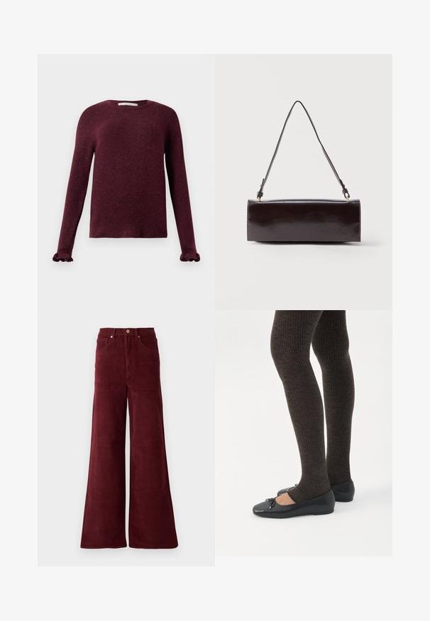 Pull en tricot bordeaux à manches longues avec des poignets volants et un col rond sur un fond uni.; Pantalons en velours côtelé large de couleur bordeaux, avec une taille haute, des poches avant et une fermeture à bouton. Tissu texturé à côtes sur toute la surface.; Jambes portant des leggings côtelés foncés associés à des ballerines noires avec de petits détails en nœud sur fond blanc.; Sac à main rectangulaire en cuir noir avec une longue bandoulière unique et une finition brillante, présenté sur un fond blanc uni.