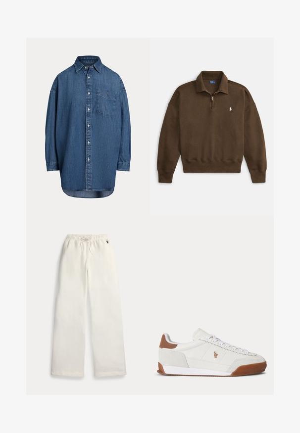 Brauner Sweatshirt-Pullover mit Reißverschluss am Kragen, gerippten Bündchen und Saum, mit kleinem weißem Logo auf der linken Brust. Weicher, strukturierter Stoff.; Dunkelblaue Denim-Knopfhemd. Mit einer Brusttasche, langen Ärmeln und einem lockeren Schnitt. Dezente Nähte entlang der Nähte.; Weiße Sweatpants mit weitem Bein, elastischem Bund, Kordelzug, seitlichen Taschen und kleinem marineblauem Logo nahe der rechten Tasche.; Weißer Sneaker mit niedrigem Schaft, braunen Wildleder-Akzenten an Ferse und Spitze, weißen Schnürsenkeln und einem kleinen braunen gestickten Logo an der Seite.