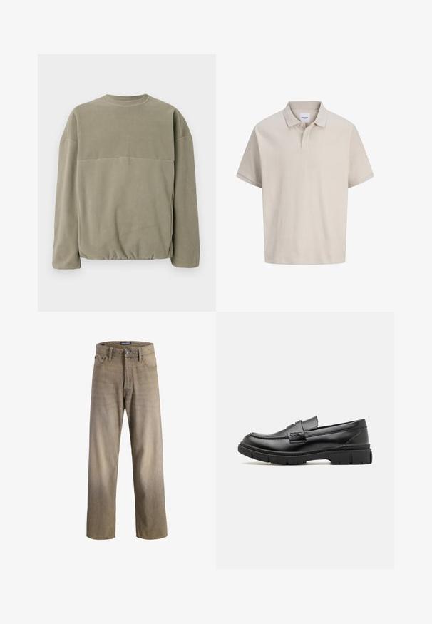 Olivegrüner Fleece-Pullover mit Rundhalsausschnitt, langen Ärmeln, lockerer Passform und gerafftem Saum für zusätzlichen Textur.; Beige Poloshirt mit kurzen Ärmeln, dezenten vertikalen Streifen, einem klassischen Kragen und einer Knopfleiste mit zwei Knöpfen.; Hellbraune Jeans aus Denim mit geradem Beinschnitt, ausgestattet mit fünf Taschen und einem Knopfverschluss. Verwaschene Textur mit subtilen Farbverlaufseffekten.; Schwarze Lederloafer mit einem breiten Riemen über dem Rist, Gummisohle mit dicken Profilen und glatter Textur. Klassisches, schlankes Design.