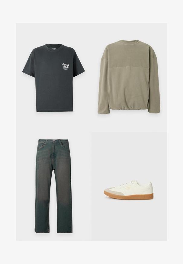 Olivengrønt fleece sweatshirt med rund hals, lange ærmer, afslappet pasform og en samlet kant for ekstra tekstur.; Mørkegrå bomulds t-shirt med rund hals, korte ærmer og et hvidt skriptlogo på venstre brystområde. Enkel, udekoreret design.; Mørkegrønne denimjeans med lige ben, der har et klassisk design med fem lommer og kontrastsyninger langs sømmene.; Sneaker lavet af hvid læder med en beige tåhætte og let brunt gummisål. Har flade hvide snørebånd og prægede branding på siden.