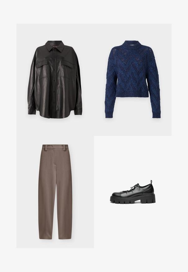 Henrik Vibskov Džemper - flat navy; Must värvi nahast särk nupuga esitasku, terava krae ja kahe rinna taskuga. Omab laia lõiget ja sujuvat tekstuuri.; Sirge lõikega kõrge vöökohaga pruunid püksid vööaasadega ning teravate triipudega esi- ja tagaküljel.; Must tume lace-up kingad, ümarate varvastega, paksu platvormitald ja dekoratiivne õmblusdetail ääres.