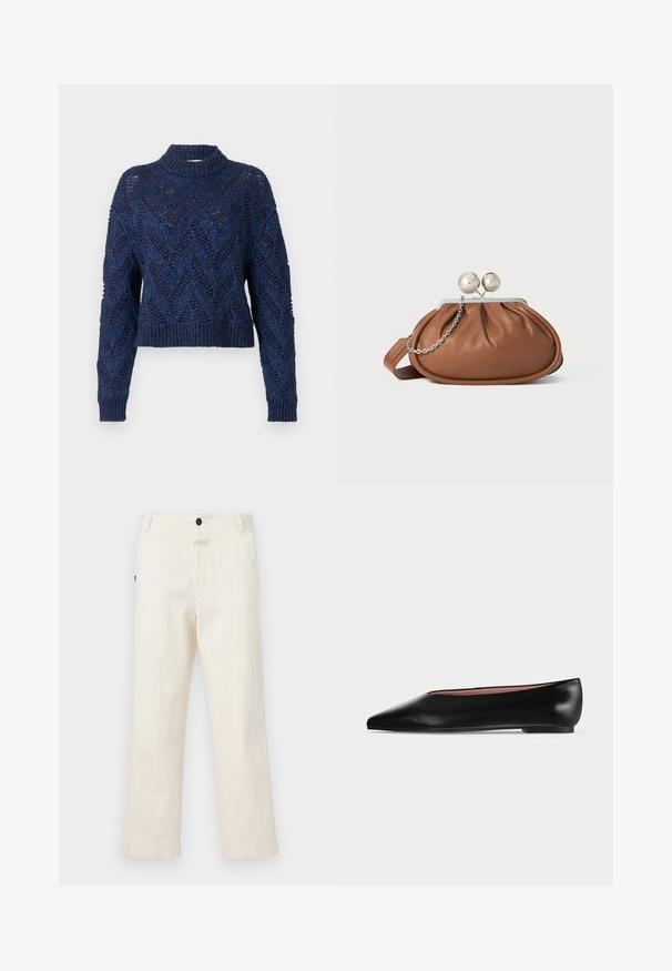 Henrik Vibskov Strickpullover - flat navy; Beige Baumwollhosen mit geradem Bein, ausgestattet mit einem Knopfverschluss vorne und einer Tasche mit einem runden Knopf als Akzent.; Schwarzer flacher Damenleder-Schuh mit spitzer Kappe und niedrigem Absatz, von der Seite auf einfarbigem hellgrauem Hintergrund gezeigt.; Braune Leder-Clutch mit silbernem Kugelverschluss und einem kleinen silbernen Kettendetail auf weißem Hintergrund.