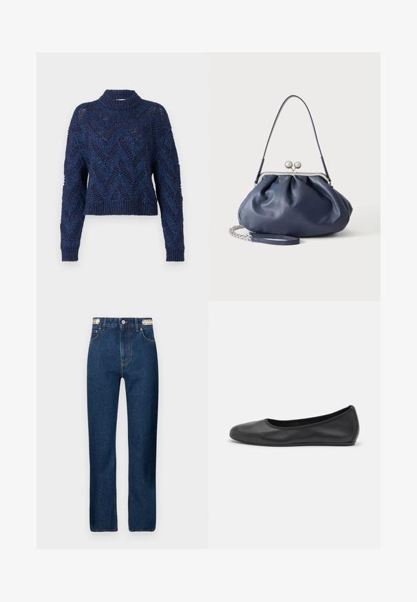 Henrik Vibskov Svetrík - flat navy; Rabanne Džínsy s rovným strihom - dark blue denim; Čierne kožené baleríny s okrúhlou špičkou, hladkým povrchom, minimálnym prešívaním a flexibilným dizajnom podrážky.; Mäkká námornícky modrá kožená kabelka so strieborným zapínaním, jedným ramenným popruhom a odnímateľným reťazovým náramkom na bielom pozadí.