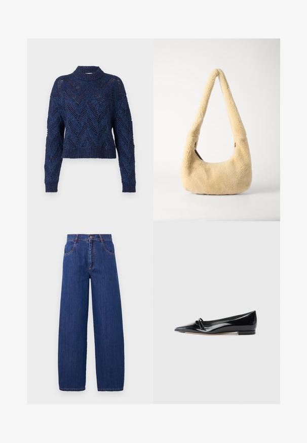 Henrik Vibskov Strickpullover - flat navy; Weite blaue Denim-Jeans mit hoher Taille, vorne mit Taschen und orangefarbener Naht. Der Stoff hat eine glatte Textur mit einem klassischen Finish.; Schwarze Lackleder-Ballerina mit spitzem Zehenbereich, kleinem dekorativen Riemen und niedrigem Blockabsatz. Glatte Textur und elegantes Design.; Beige Shearling Schultertasche mit einem gebogenen Griff und einer runden Form. Die Textur ist weich und plüschig, mit minimalen Hardware-Akzenten.