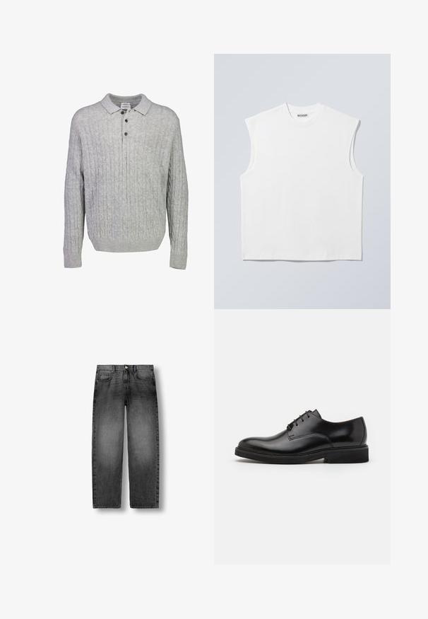 Pull-over en tricot gris avec col polo, présentant un motif de câble texturé, trois boutons et des poignets et un ourlet côtelés.; Haut blanc sans manches en coton à col rond avec épaules structurées, marqué "WEEKDAY" sur l'étiquette du col, présenté sur un fond gris clair.; Jean denim noir délavé à jambe droite avec bouton frontal, fermeture éclair et conception à cinq poches, présenté à plat sur un fond blanc.; Chaussure habillée en cuir noir avec un bout arrondi, cinq œillets pour les lacets, une texture lisse et une semelle en caoutchouc basse.