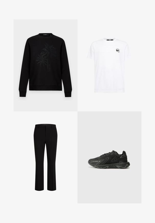 Sweatshirt noir à manches longues, col rond, avec un design discret en relief représentant un palmier et un petit texte vertical du nom de la marque au centre devant.; T-shirt en coton blanc à manches courtes, col rond et un petit logo graphique noir sur la poitrine gauche. Texture douce et coupe décontractée.; Pantalons noirs cintrés en tissu lisse, présentant une coupe droite, des passants de ceinture et des poches avant pour une fonctionnalité accrue.; Baskets noires avec une texture ondulée et des accents gris. Présentent un design à lacets et une semelle épaisse et sculptée. La marque est visible sur le côté.