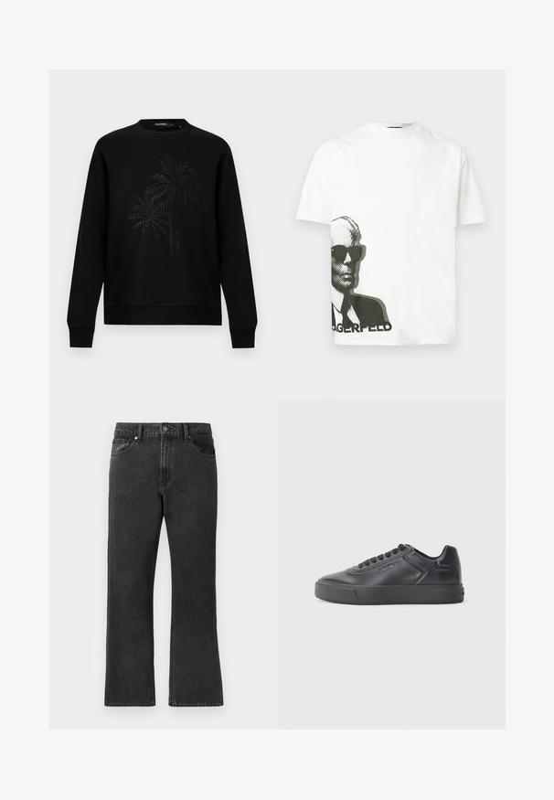 Sort, langærmet sweatshirt med rund hals, med et diskret præget palmetræsmotiv og en lille, lodret tekst med mærkenavnet midt for.; Hvid T-shirt med korte ærmer og sort grafik af en mand iført solbriller og jakkesæt, trykt på den nederste venstre side over delvis tekst.; Sorte denim jeans med lige ben, med en mellem taljehøjde, fem lommer og knaplukning. Diskret falmet tekstur over det hele.; Sort lædersneaker med rund tå, flad gummisål og kontrasterende syninger. Har et logo på siden og snørebåndsdesign.
