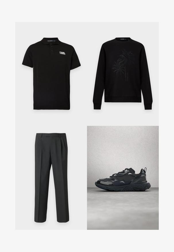 Sweatshirt noir à manches longues, col rond, avec un design discret en relief représentant un palmier et un petit texte vertical du nom de la marque au centre devant.; Polo noir en coton, avec une patte de boutonnage à deux boutons, manches courtes, et un logo blanc "KARL LAGERFELD" sur la poitrine gauche.; Pantalon noir en tissu lisse, avec une coupe droite, un devant plissé et une taille standard avec passants pour ceinture.; Chaussure de course noire avec une tige texturée, des accents lisses et une semelle épaisse à motif ondulé, conçue pour le confort et la durabilité.