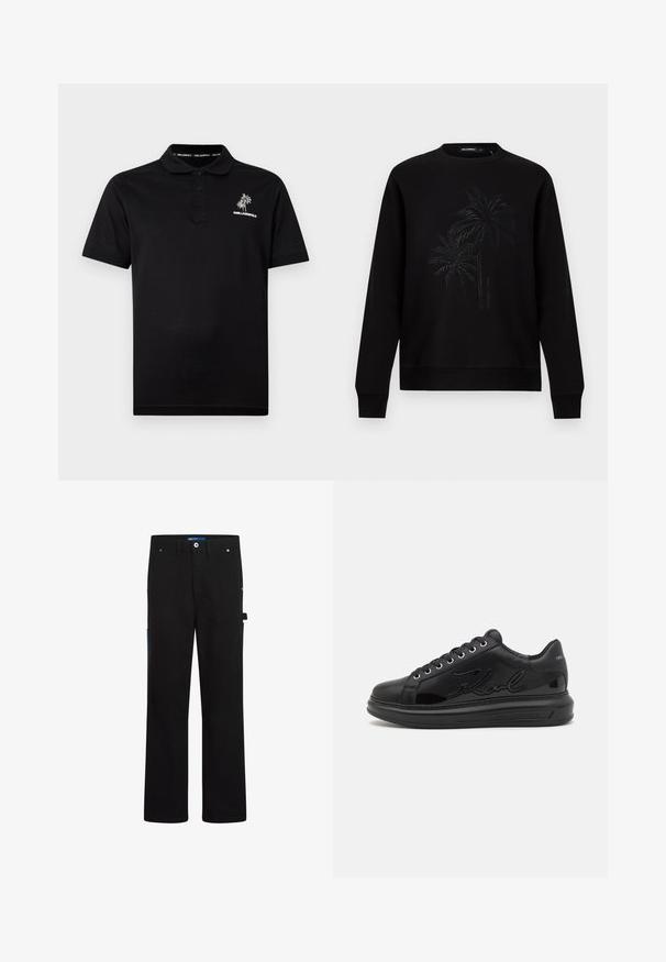 Sweatshirt noir à manches longues, col rond, avec un design discret en relief représentant un palmier et un petit texte vertical du nom de la marque au centre devant.; Polo noir à manches courtes avec trois boutons, logo palmier blanc et texte "KARL LAGERFELD" sur le côté gauche de la poitrine.; Pantalons cargo noirs à coupe droite, avec deux poches avant, une poche arrière et des accents bleus sur le côté et la ceinture.; Baskets en cuir noir avec une texture lisse, dotées d'un logo en relief bien visible sur le côté et d'une semelle épaisse à nervures.