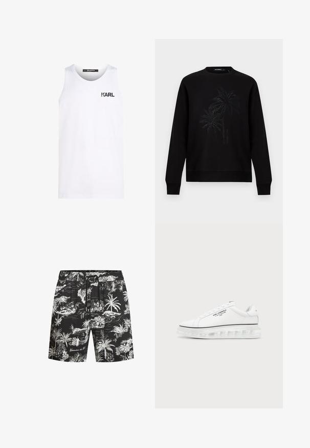 Schwarzes Sweatshirt mit langen Ärmeln und Rundhalsausschnitt, verziert mit einem dezenten, erhabenen Palmenmuster und kleinem, vertikal angeordnetem Markennamen auf der Vorderseite in der Mitte.; Weißes Tanktop aus Baumwolle mit rundem Halsausschnitt. Mit einem schwarzen Logodruck auf der Brust. Einfaches Design und ärmelloser Stil.; Schwarze Badeshorts mit weißen tropischen Mustern, darunter Palmen und Küstenszenen. Elastischer Bund mit Kordelzug.; Weißer Karl Lagerfeld Sneaker mit schwarzem Textlogo und transparenter dicker Sohle auf schlichtem hellem Hintergrund.