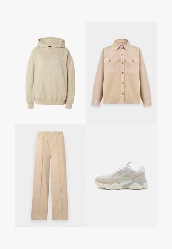 Beige-colourinen huppari, jossa etukangaroo-tasku, resorit hihansuissa ja helmassa sekä hillitty kirjailtu teksti vasemmassa rinnassa.; Beige nupillinen paita-takki, jossa pitkät hihat, kaksi nappiläpällistä rintataskua ja kaulus.; Vaaleanruskeat leveälahkeiset housut, joissa on joustava vyötärö, kaksi pystysuuntaista taitosviivaa, pehmeä kangas ja yksinkertainen muotoilu.; Beige ja valged spordijalatsid, mis on valmistatud nahast ja võrkkangast, varustatud paksu tallaga, paeltega ees ja küljes logoga.